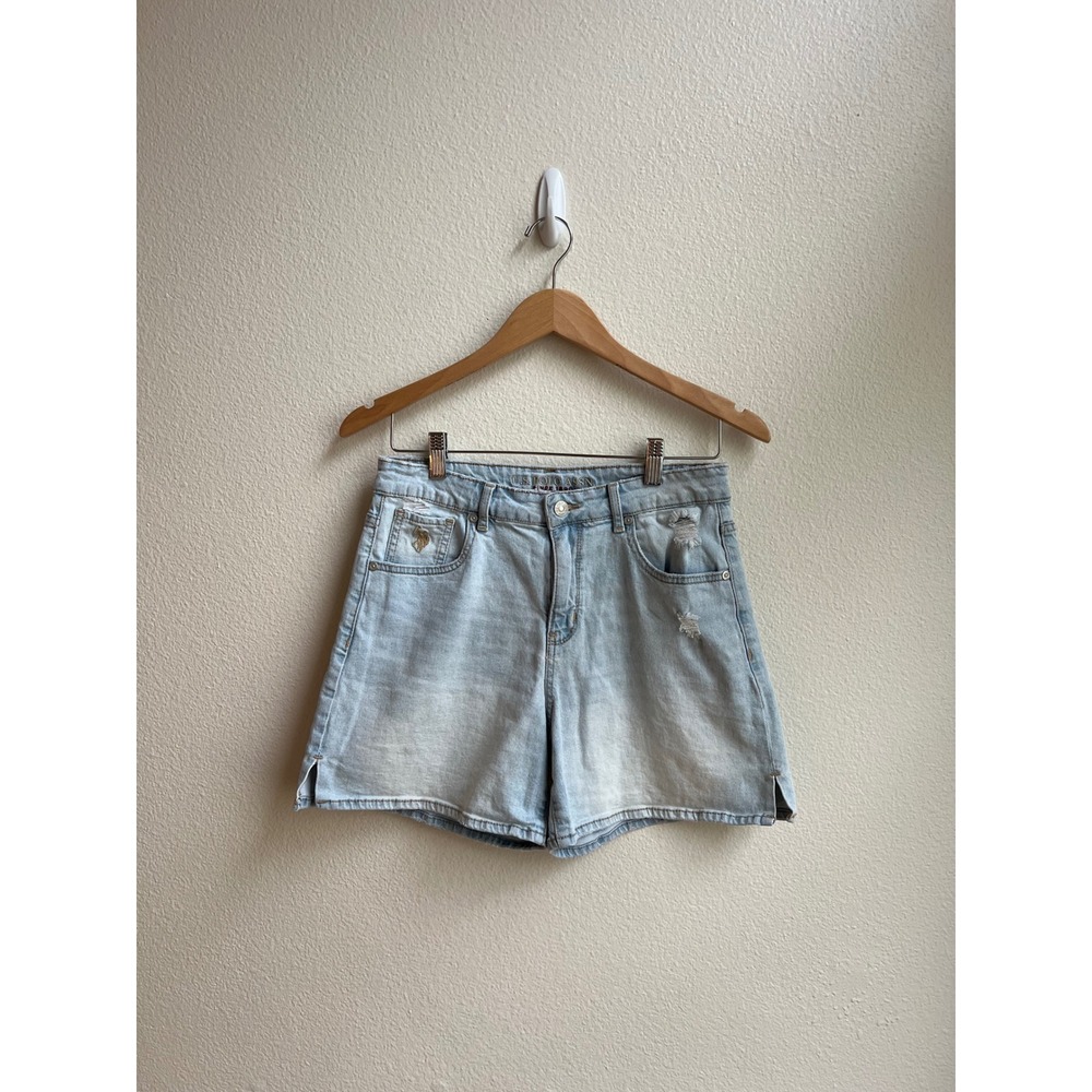 US Polo Assn Womens High Waisted Distressed Denim Shorts Light Wash Blue Size 4